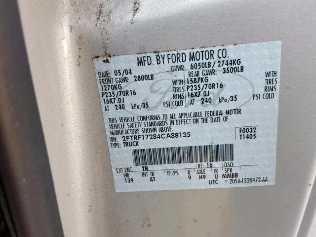 2FTRF17284CA88135 - 2004 FORD F-150 HERI SILVER photo 10