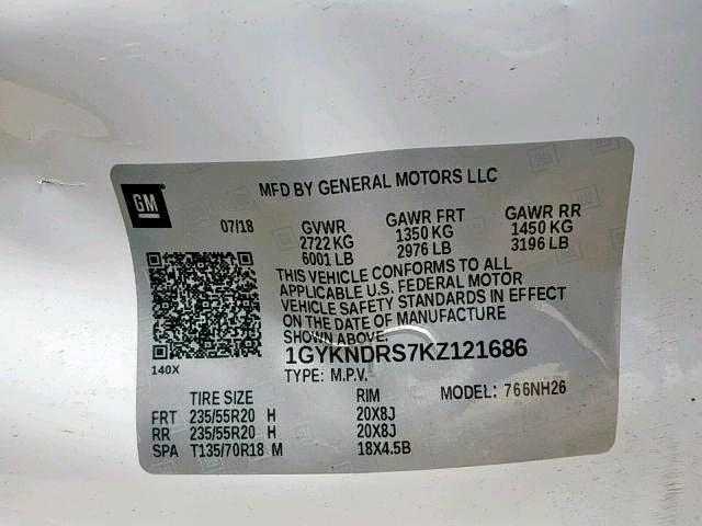 1GYKNDRS7KZ121686 - 2019 CADILLAC XT5 LUXURY WHITE photo 10