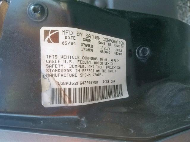 1G8AJ52F64Z206788 - 2004 SATURN ION LEVEL BLUE photo 10
