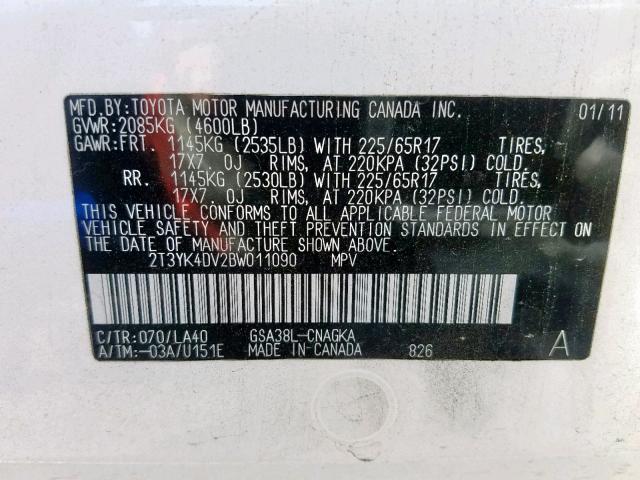 2T3YK4DV2BW011090 - 2011 TOYOTA RAV4 LIMIT WHITE photo 10