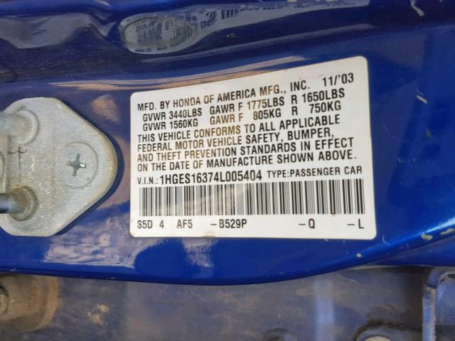 1HGES16374L005404 - 2004 HONDA CIVIC DX V BLUE photo 10