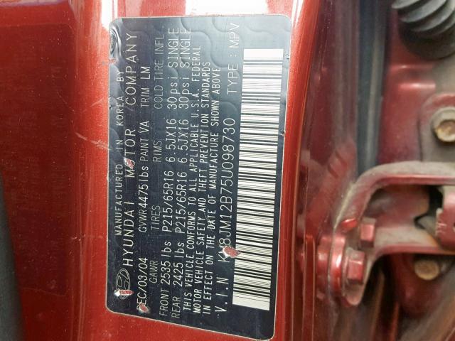 KM8JM12B75U098730 - 2005 HYUNDAI TUCSON GL RED photo 10