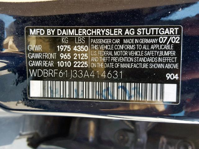 WDBRF61J33A414631 - 2003 MERCEDES-BENZ C 240 BLUE photo 10