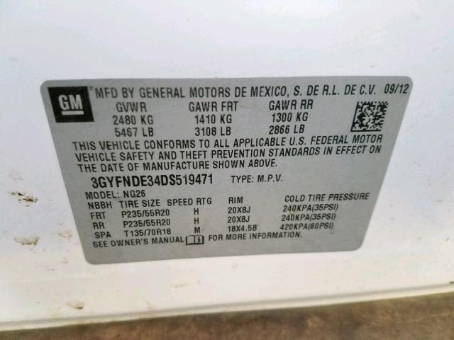 3GYFNDE34DS519471 - 2013 CADILLAC SRX PERFOR WHITE photo 10