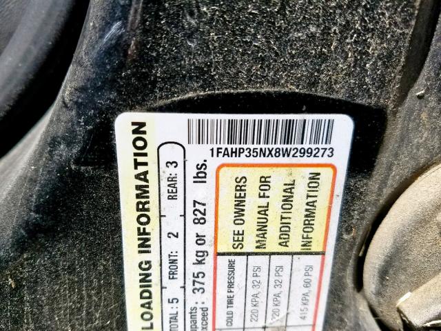 1FAHP35NX8W299273 - 2008 FORD FOCUS BLACK photo 10