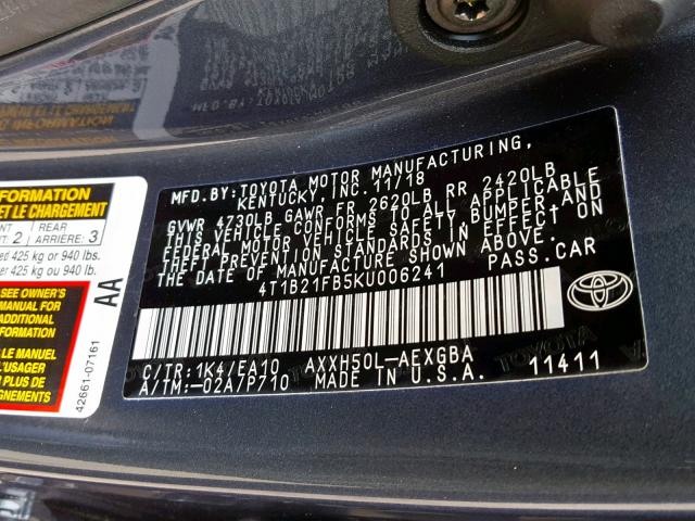 4T1B21FB5KU006241 - 2019 TOYOTA AVALON XLE BLUE photo 10