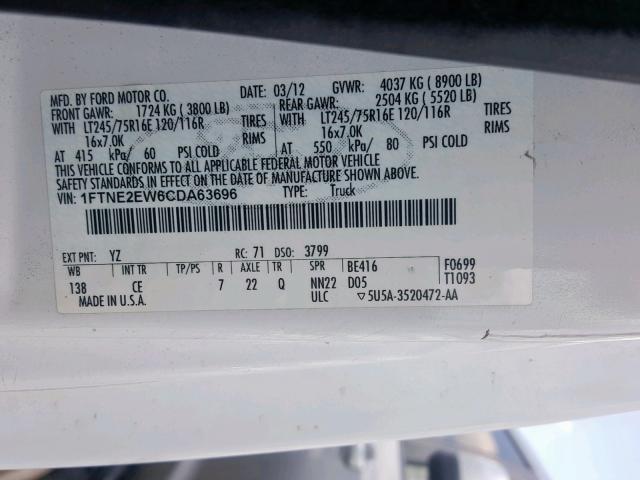 1FTNE2EW6CDA63696 - 2012 FORD ECONOLINE WHITE photo 10