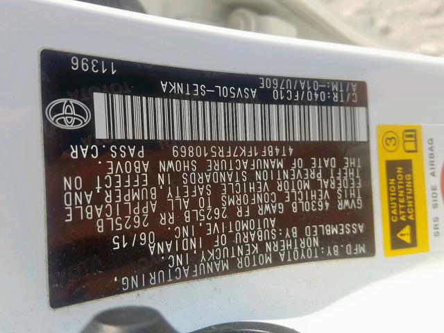 4T4BF1FK7FR510869 - 2015 TOYOTA CAMRY LE WHITE photo 10