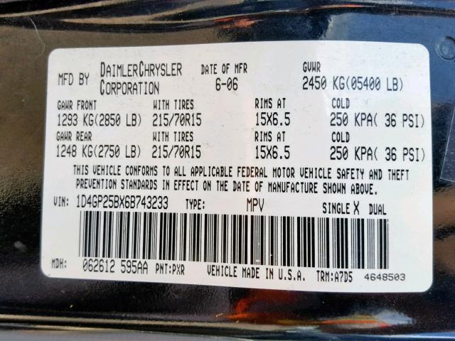 1D4GP25BX6B743233 - 2006 DODGE CARAVAN SE BLACK photo 10