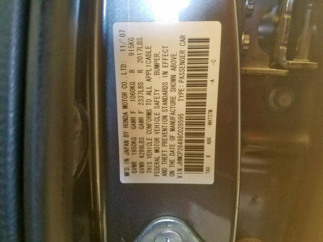 JHMCP26498C028595 - 2008 HONDA ACCORD LXP GRAY photo 10