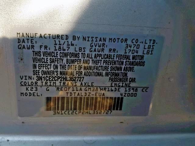 3N1CE2CP2HL352727 - 2017 NISSAN VERSA NOTE SILVER photo 10