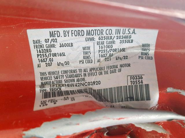 1FTRX18W42NC03920 - 2002 FORD F150 RED photo 10