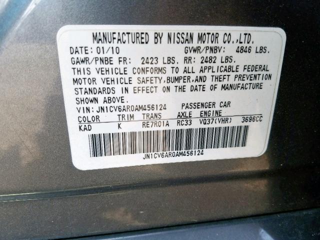 JN1CV6AR0AM456124 - 2010 INFINITI G37 SILVER photo 10