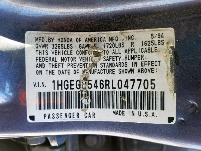 1HGEG8546RL047705 - 1994 HONDA CIVIC DX BLUE photo 10