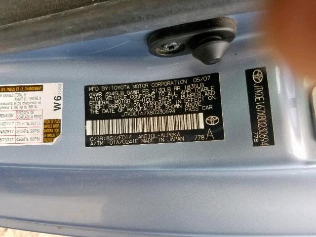 JTKDE167X80230694 - 2008 TOYOTA SCION TC ლურჯი ფოტო 10