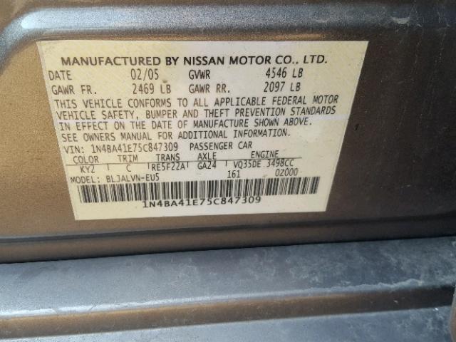 1N4BA41E75C847309 - 2005 NISSAN MAXIMA SE GRAY photo 10