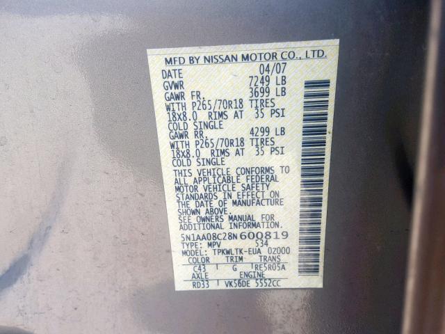 5N1AA08C28N600819 - 2008 NISSAN ARMADA SE GOLD photo 10