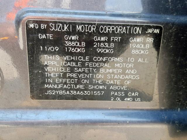 JS2YB5A38A6301557 - 2010 SUZUKI SX4 CHARCOAL photo 10