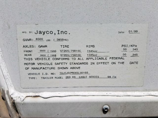 1UJCJ02MXX5L50193 - 1999 JAYCO EAGLE  WHITE photo 10