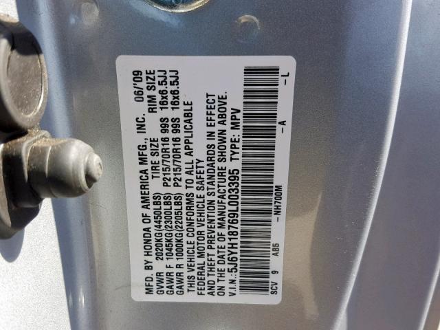 5J6YH18769L003395 - 2009 HONDA ELEMENT EX SILVER photo 10