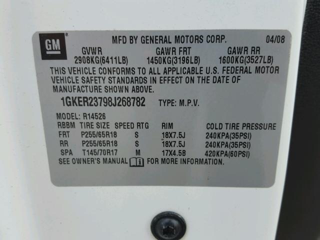 1GKER23798J268782 - 2008 GMC ACADIA SLT თეთრი ფოტო 10