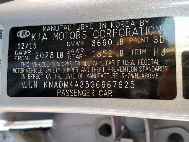 KNADM4A35G6667625 - 2016 KIA RIO LX SILVER photo 10