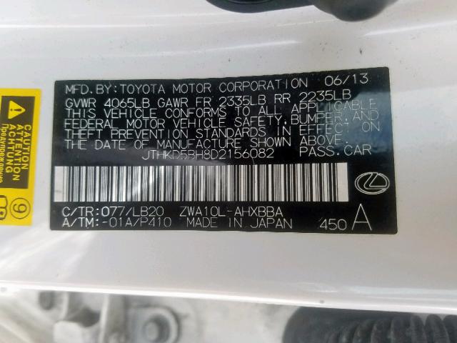 JTHKD5BH8D2156082 - 2013 LEXUS CT 200 WHITE photo 10