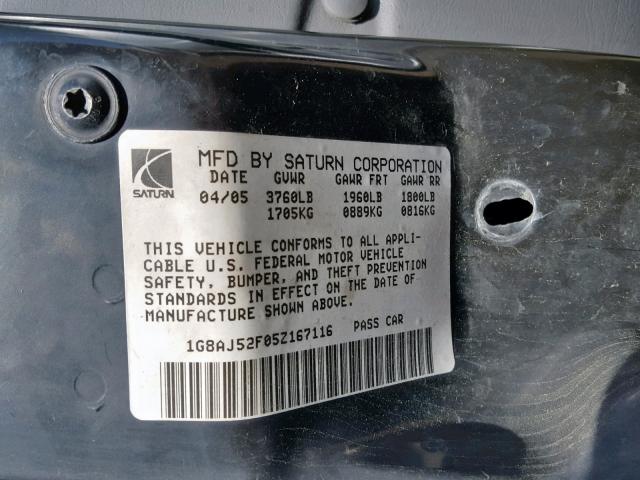 1G8AJ52F05Z167116 - 2005 SATURN ION LEVEL SILVER photo 10