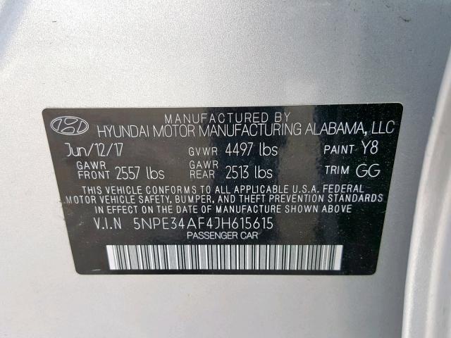 5NPE34AF4JH615615 - 2018 HYUNDAI SONATA SPO SILVER photo 10