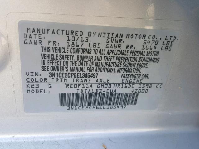 3N1CE2CP6EL385497 - 2014 NISSAN VERSA NOTE GRAY photo 10