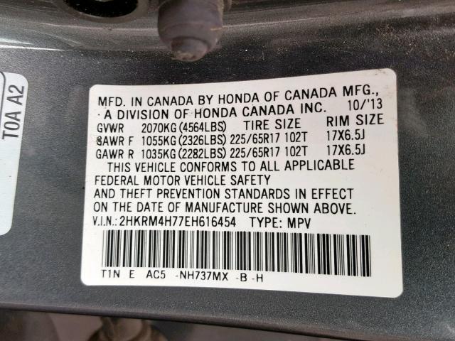 2HKRM4H77EH616454 - 2014 HONDA CR-V EXL CHARCOAL photo 10