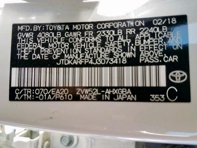 JTDKARFP4J3073418 - 2018 TOYOTA PRIUS PRIM 白色 照片 10