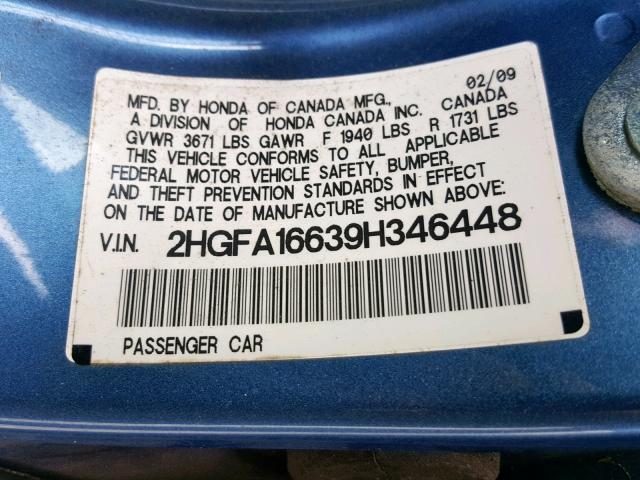 2HGFA16639H346448 - 2009 HONDA CIVIC LX-S أزرق صورة 10