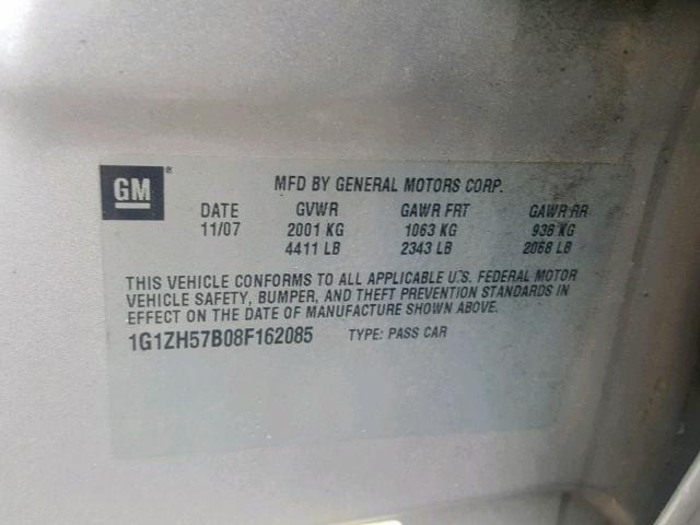 1G1ZH57B08F162085 - 2008 CHEVROLET MALIBU 1LT 银色 照片 10