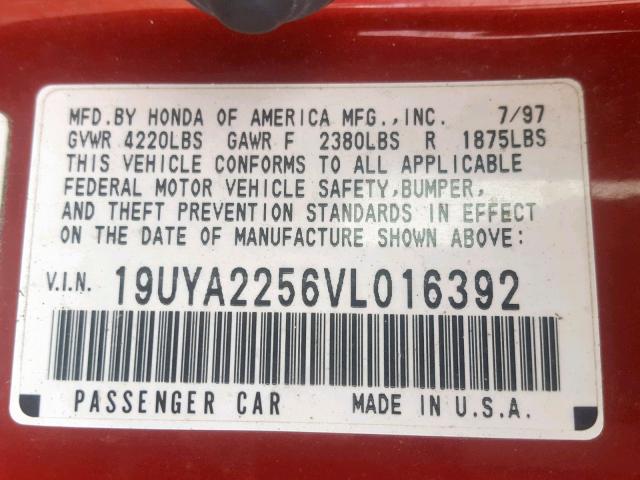 19UYA2256VL016392 - 1997 ACURA 3.0CL RED photo 10