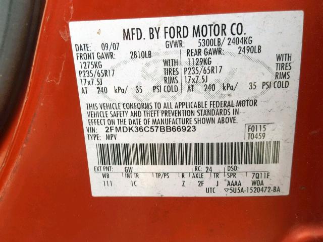 2FMDK36C57BB66923 - 2007 FORD EDGE SE ORANGE photo 10