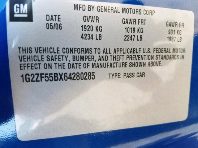 1G2ZF55BX64280285 - 2006 PONTIAC G6 SE BLUE photo 10