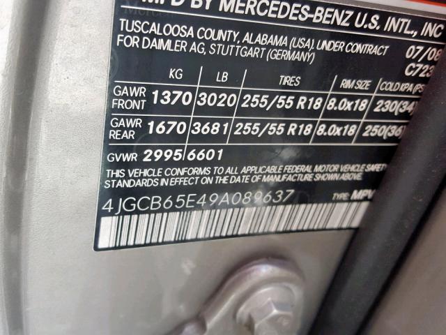 4JGCB65E49A089637 - 2009 MERCEDES-BENZ R 350 4MAT GRAY photo 10