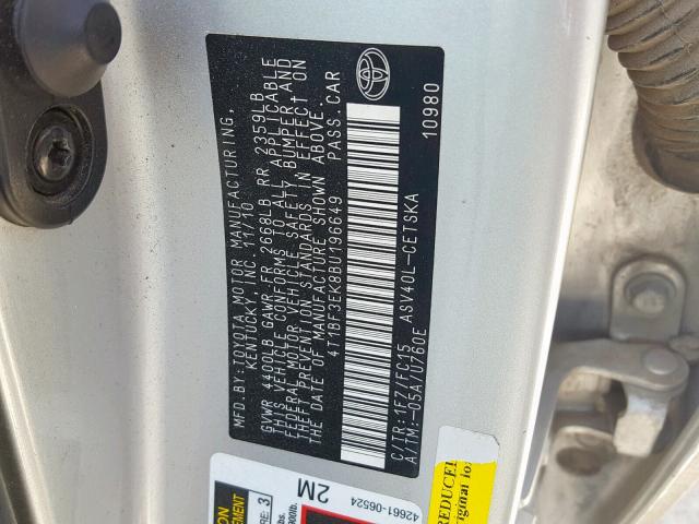 4T1BF3EK8BU196649 - 2011 TOYOTA CAMRY BASE SILVER photo 10