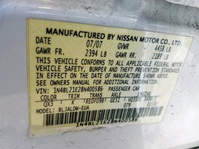 1N4BL21E28N400586 - 2008 NISSAN ALTIMA 3.5 WHITE photo 10