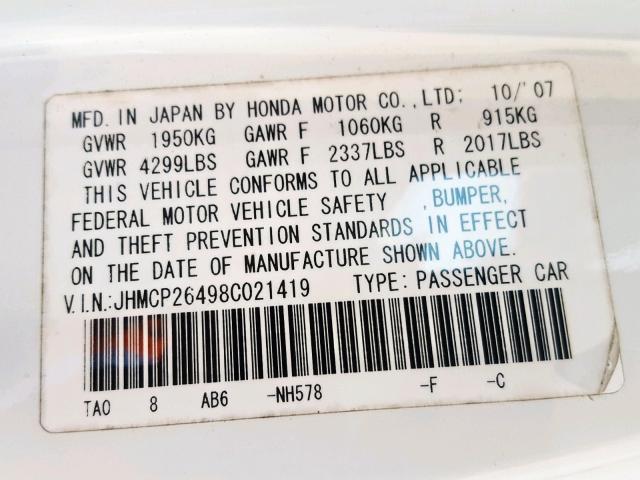 JHMCP26498C021419 - 2008 HONDA ACCORD LXP WHITE photo 10