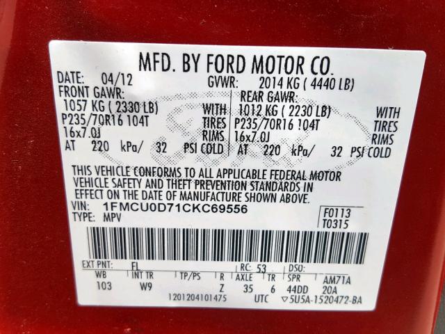 1FMCU0D71CKC69556 - 2012 FORD ESCAPE XLT RED photo 10