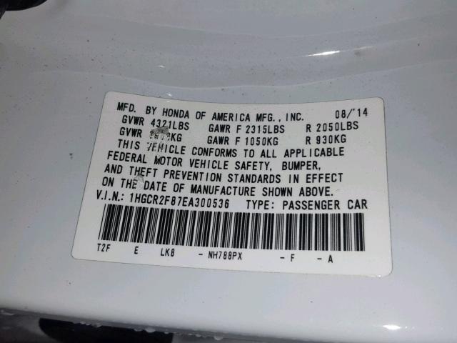 1HGCR2F87EA300536 - 2014 HONDA ACCORD EXL WHITE photo 10