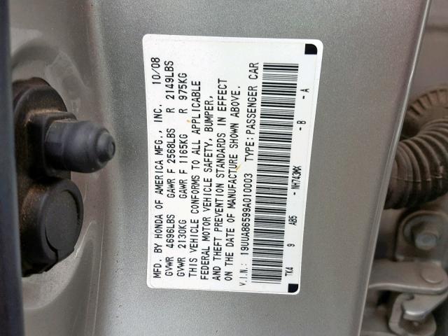 19UUA86599A010003 - 2009 ACURA TL SILVER photo 10