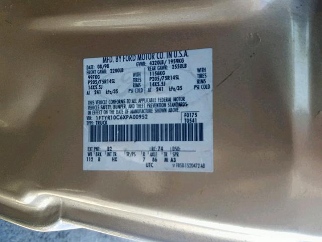 1FTYR10C6XPA00952 - 1999 FORD RANGER TAN photo 10