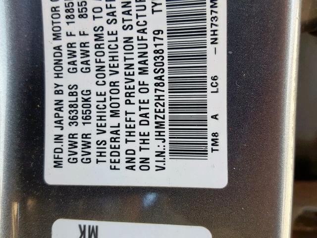 JHMZE2H78AS038179 - 2010 HONDA INSIGHT EX GRAY photo 10