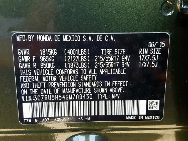 3CZRU5H54GM709430 - 2016 HONDA HR-V EX GREEN photo 10