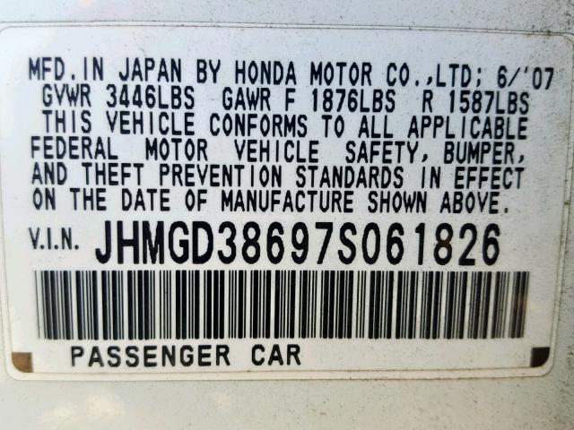 JHMGD38697S061826 - 2007 HONDA FIT S 白色 照片 10