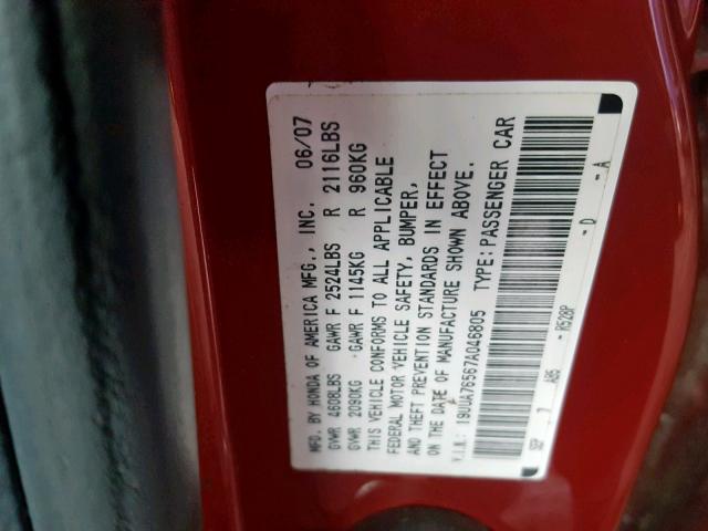 19UUA76567A046805 - 2007 ACURA TL TYPE S RED photo 10