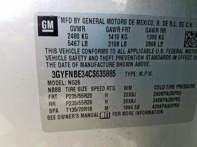 3GYFNBE34CS635885 - 2012 CADILLAC SRX PERFOR SILVER photo 10